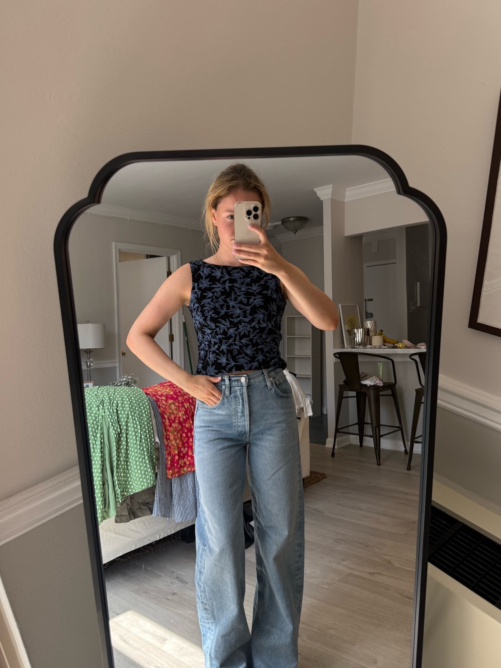 Reformation Vintage Navy Blue Floral Printed High Neck Tank Top